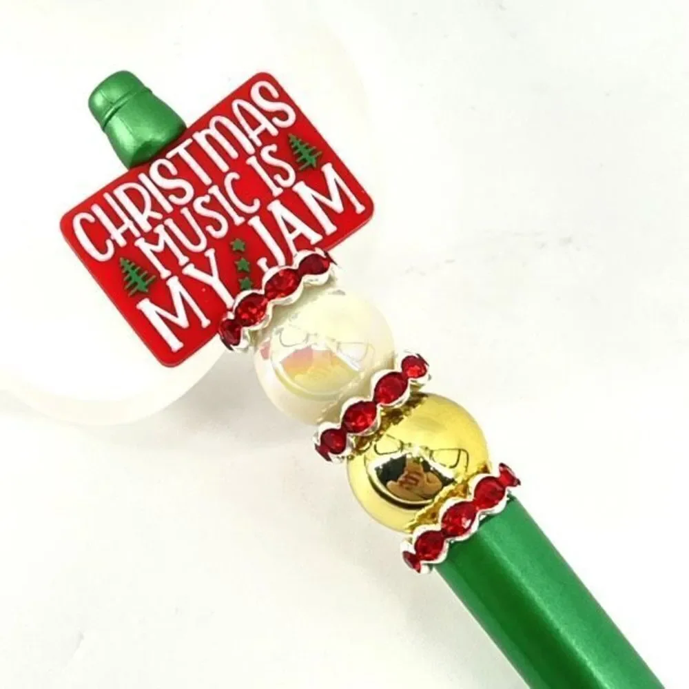 Christmas music is my jam handmade pen NEW beads rhinestone bling red white gree
